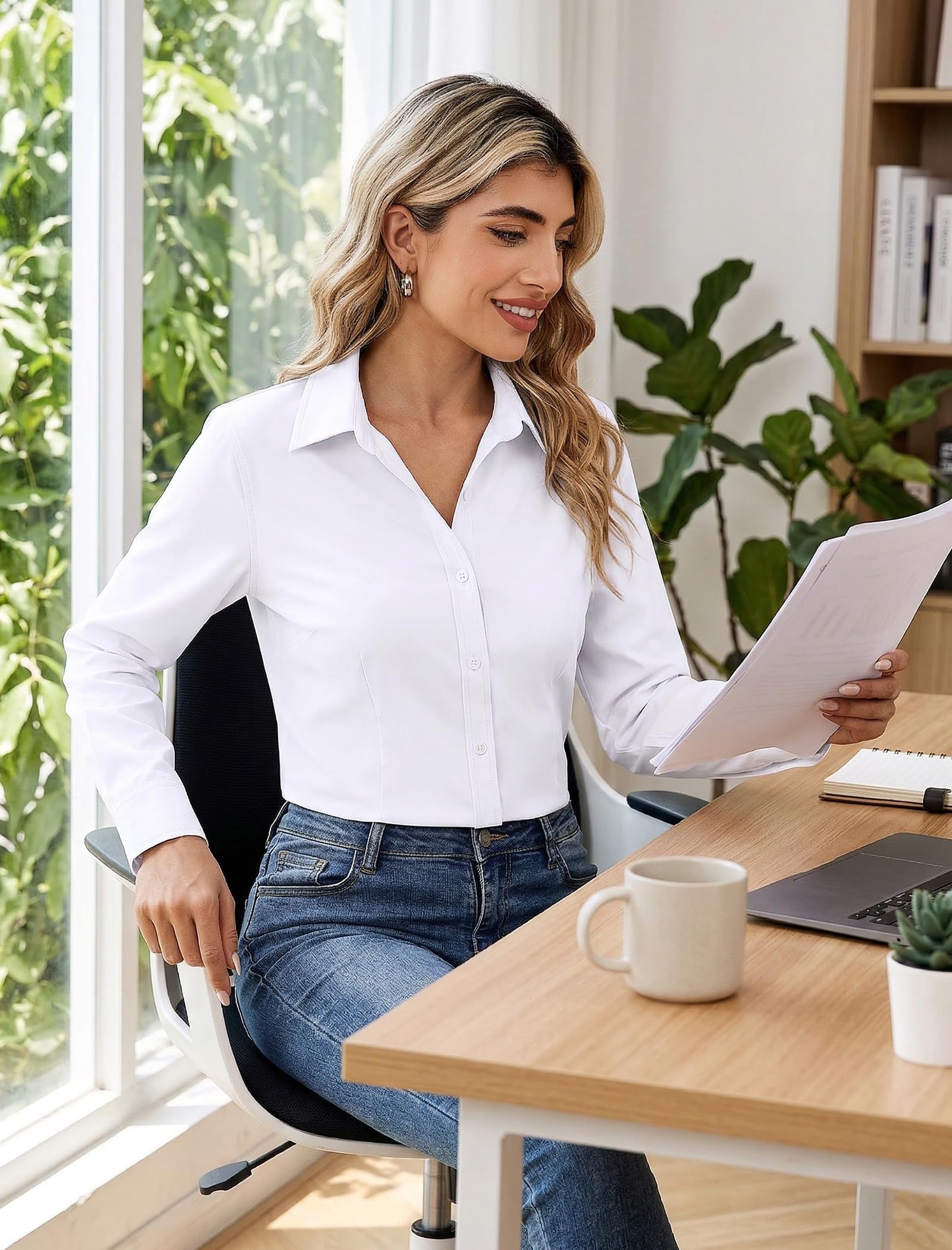 Women's Wrinkle-Free Button Down Shirt – Long Sleeve Business Blouse