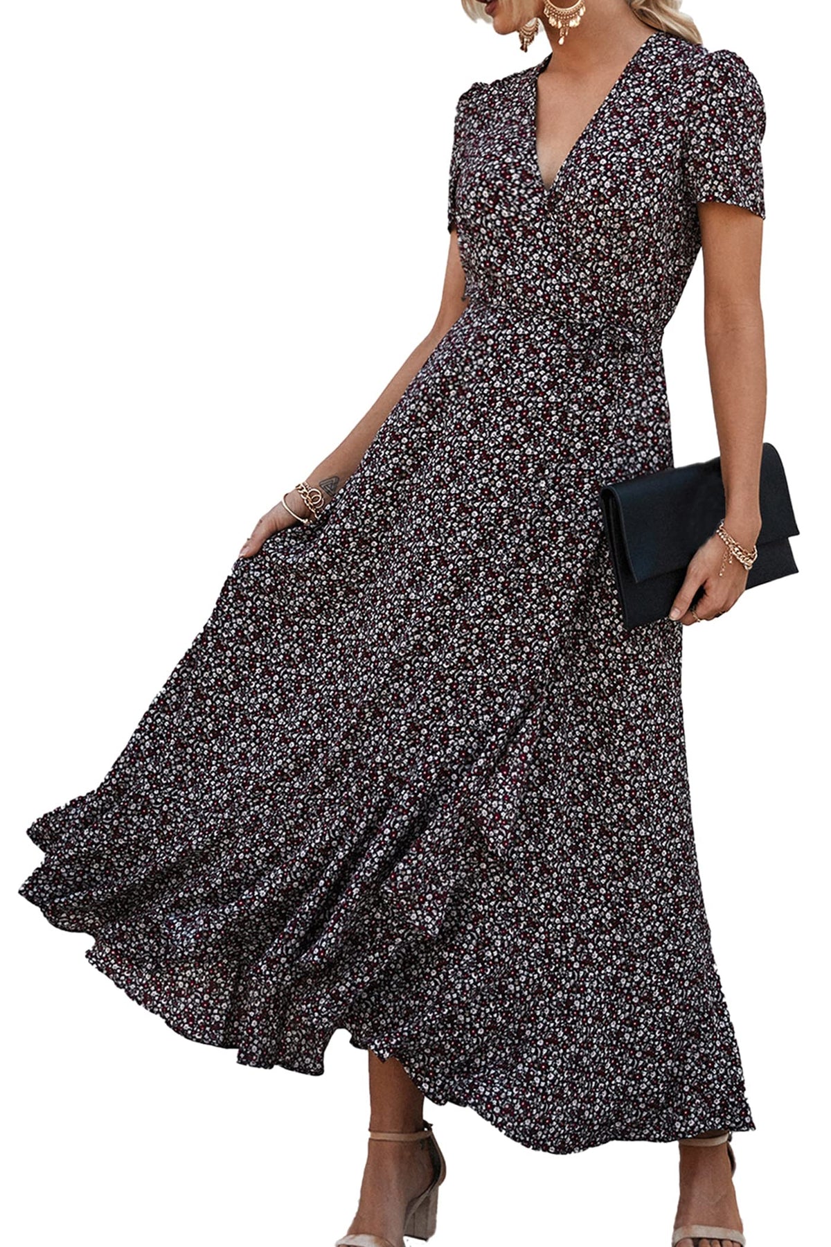 Women's Boho Floral Maxi Dress – Short Sleeve Wrap V-Neck Long Beach Dress