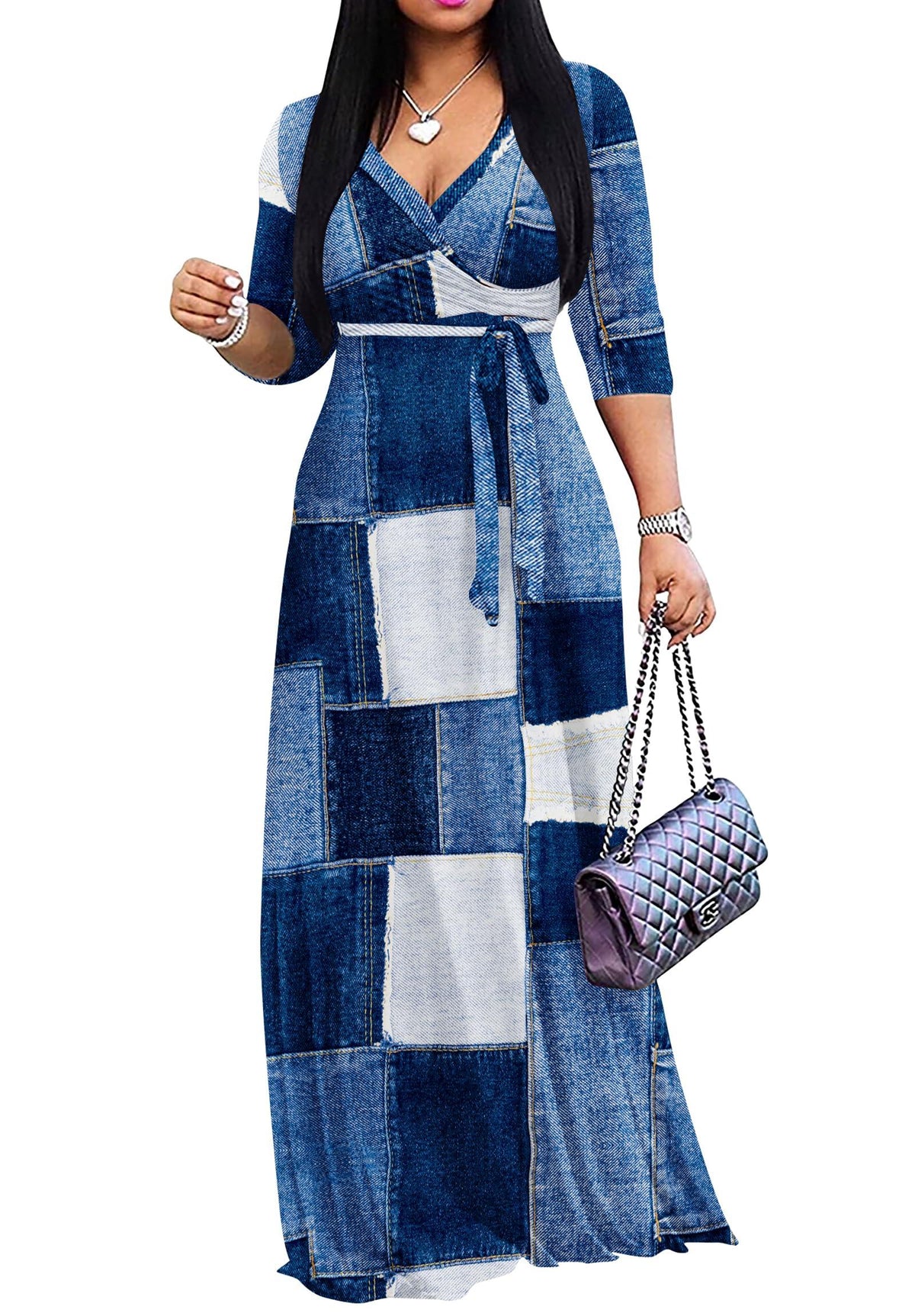 FANDEE Plus Size Maxi Dress for Women – Boho Floral V-Neck 3/4 Sleeve Summer Sundress
