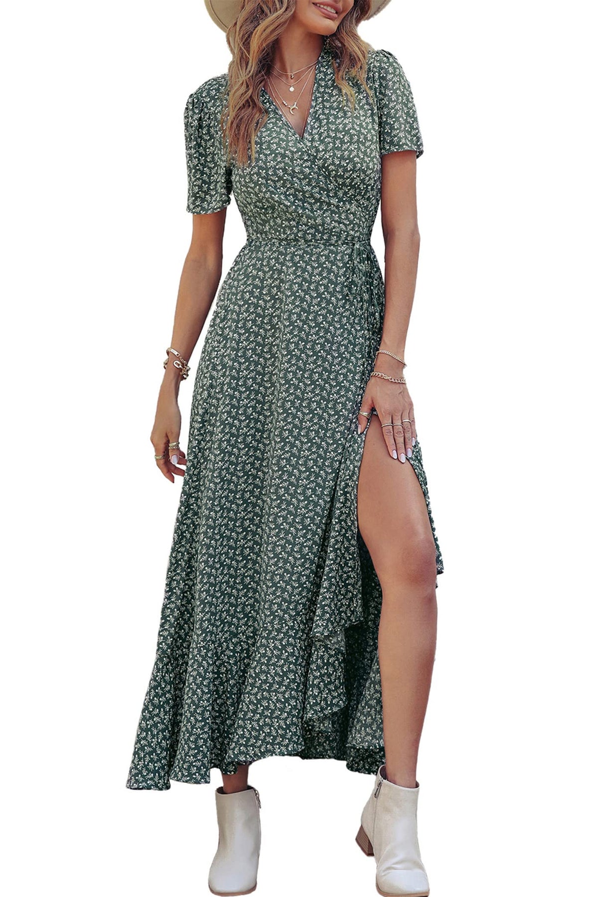 Women's Boho Floral Maxi Dress – Short Sleeve Wrap V-Neck Long Beach Dress