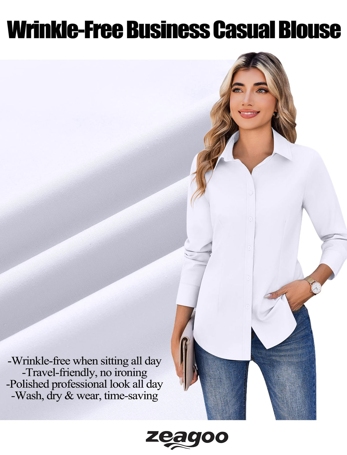 Women's Wrinkle-Free Button Down Shirt – Long Sleeve Business Blouse