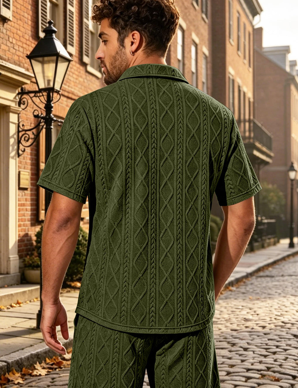 Men's Diamond Knit 2-Piece Button Down Shirt & Shorts Set – Casual Tracksuit