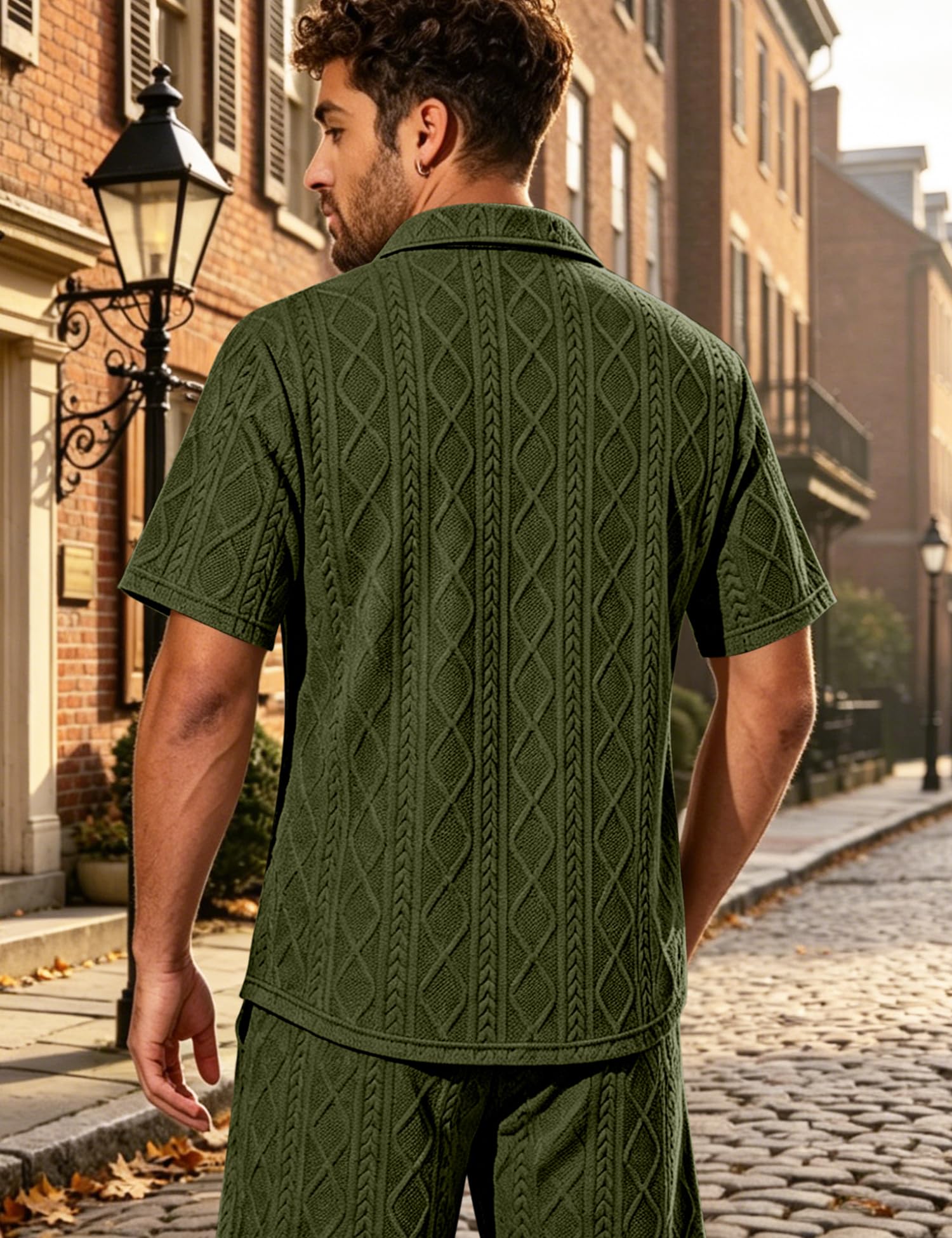 Men's Diamond Knit 2-Piece Button Down Shirt & Shorts Set – Casual Tracksuit