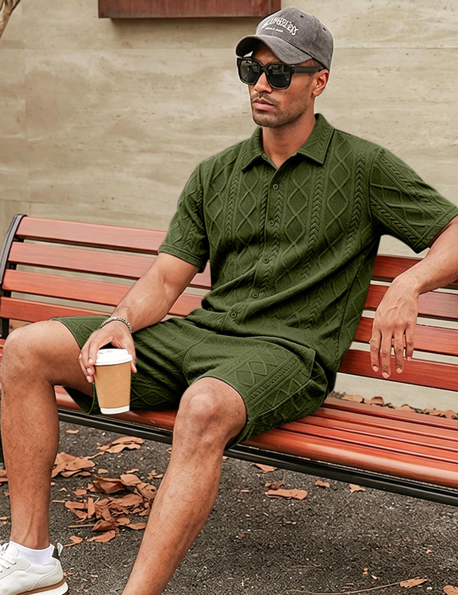 Men's Diamond Knit 2-Piece Button Down Shirt & Shorts Set – Casual Tracksuit