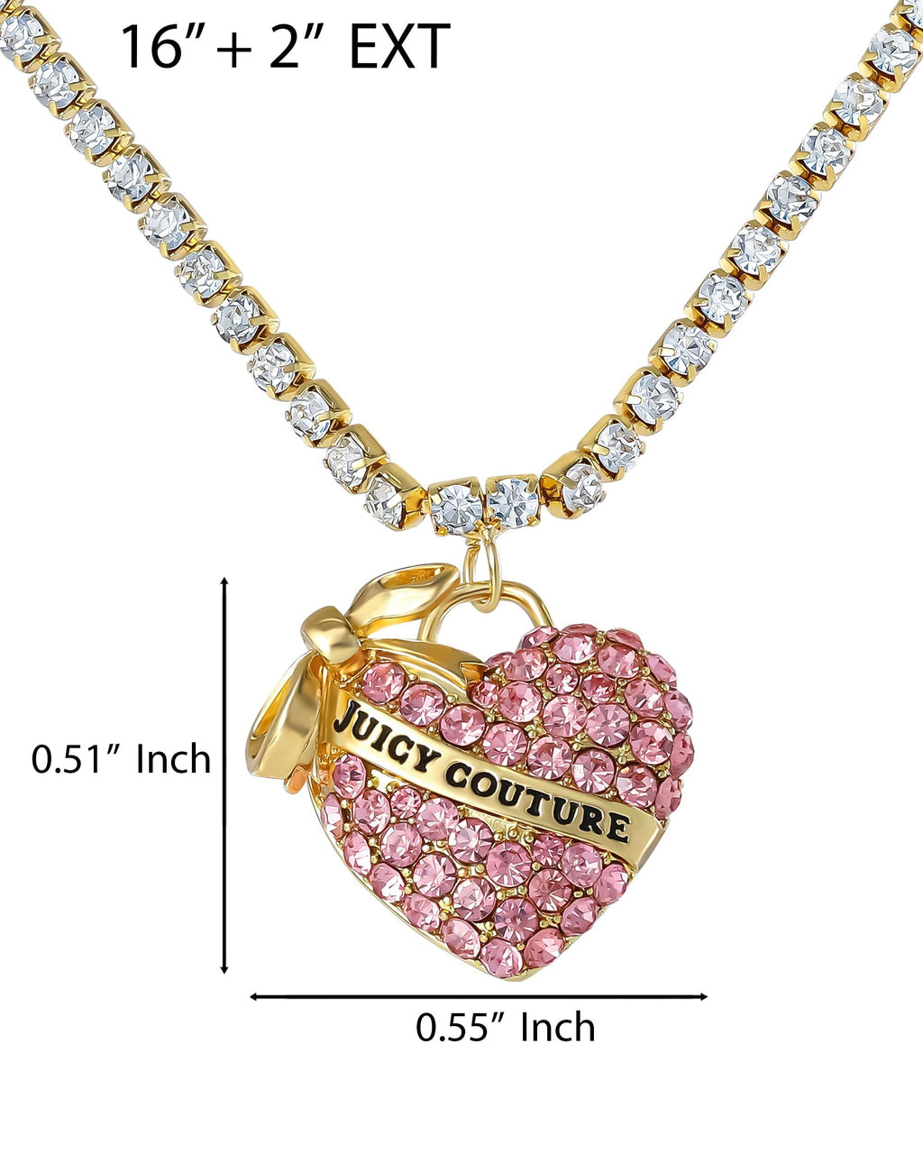 Juicy Couture Pink Pavé Crystal Heart Tennis Necklace | 16"+2" | Y2K Gift for Her