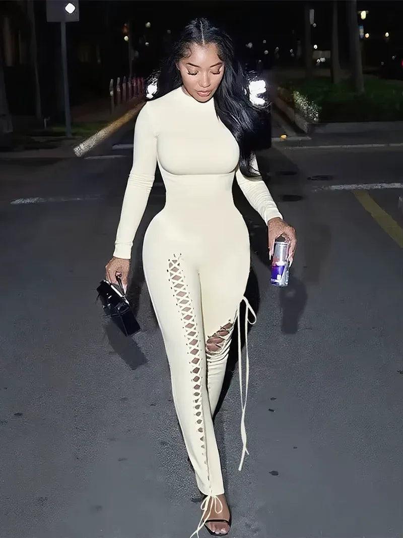 Sexy Fall Jumpsuits Women Diy Shirring O-Neck Full Sleeve Midnight Party Club Stretch Activity Fitness Slim Overalls - Dazzling Beauty Solution