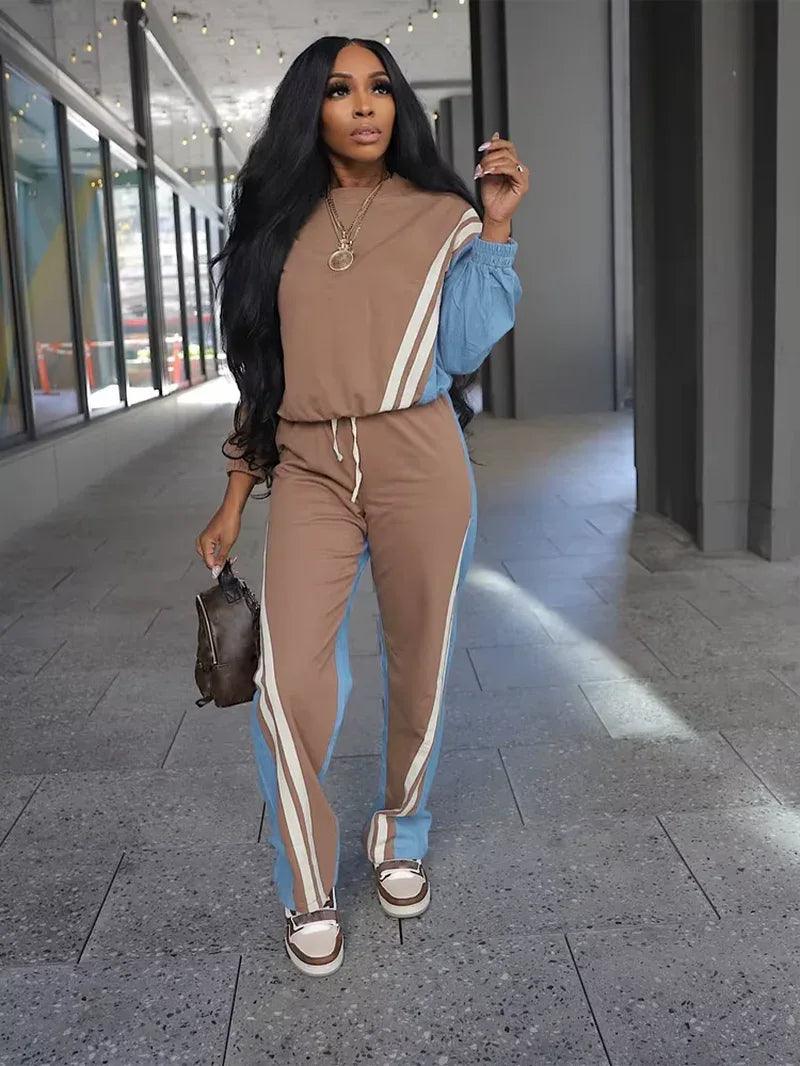 Elevate Your Fall Wardrobe with Our Stylish Women's Color Block Stripe Sweatsuit Set - Dazzling Beauty Solution