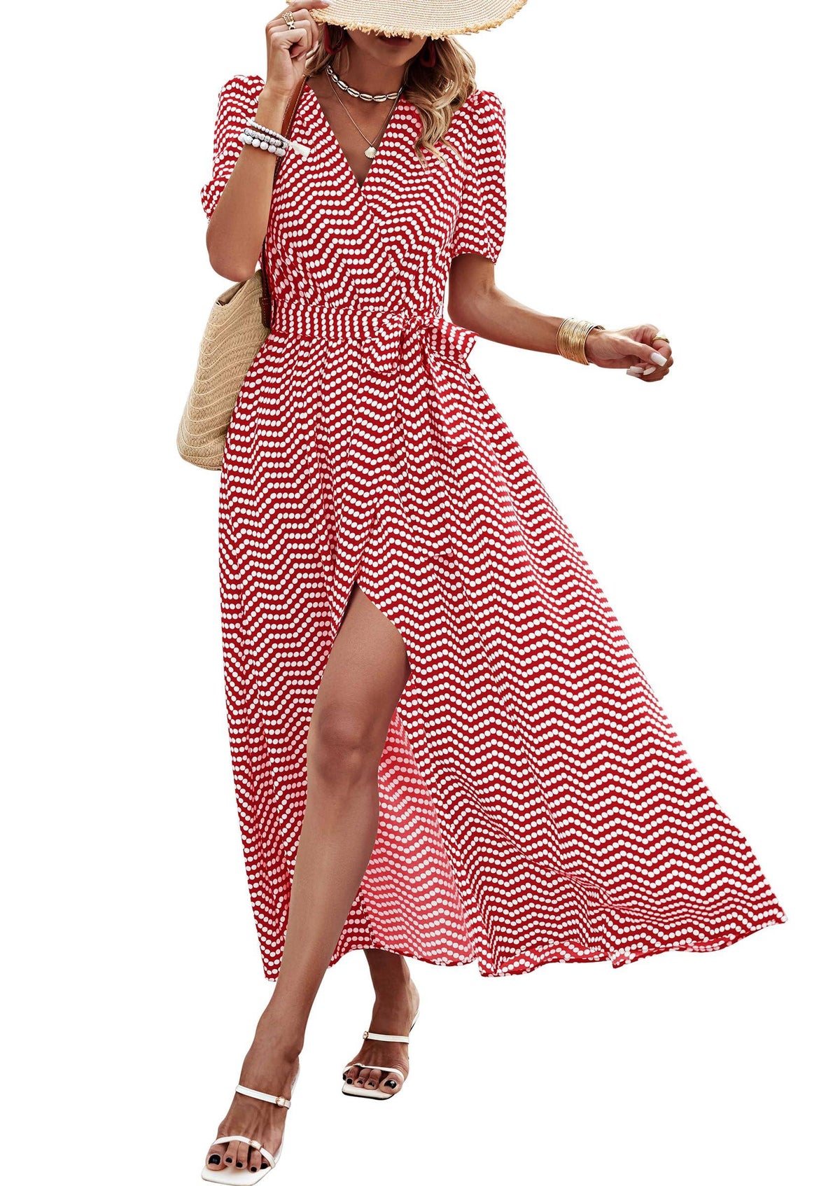 Women's Boho Floral Maxi Dress – Short Sleeve Wrap V-Neck Long Beach Dress