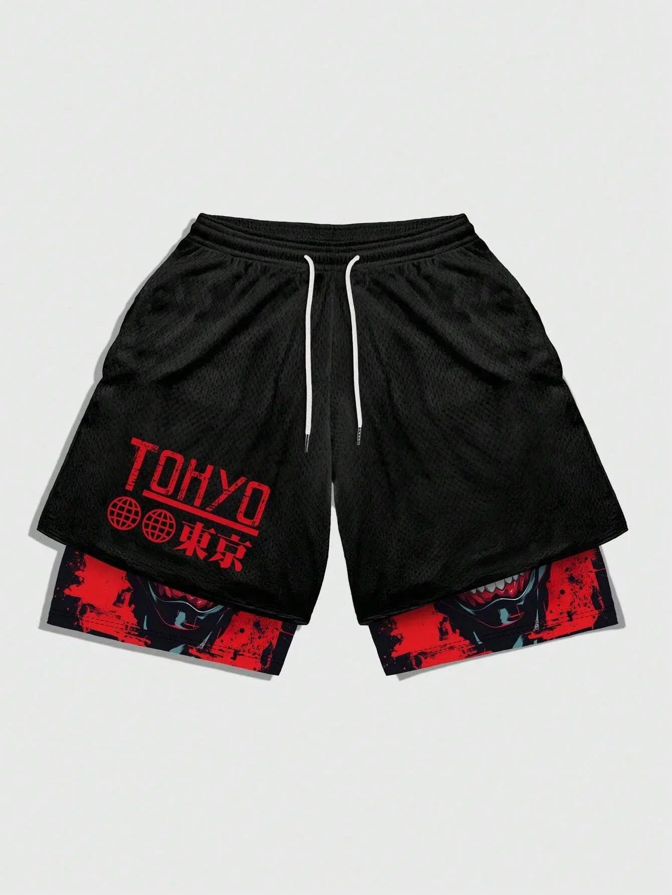 ROMWE MEN Anime Men'S Simple Figure Graphic Drawstring Waist Basketball Shorts, School - Dazzling Beauty Solution