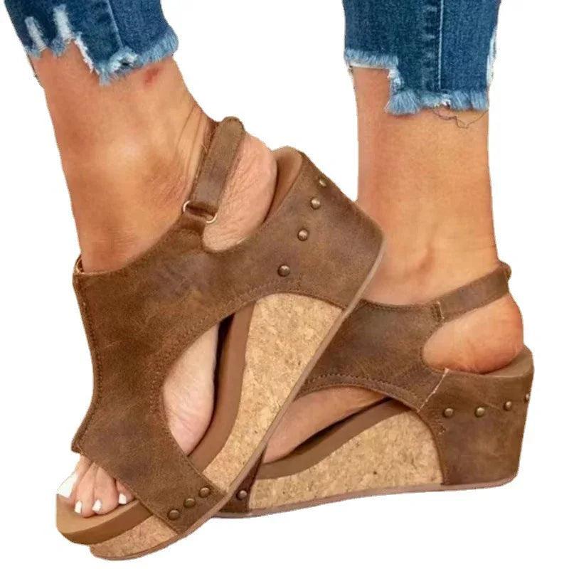 Women's Wedge Peep Toe Platform Rivet Sandals - Dazzling Beauty Solution