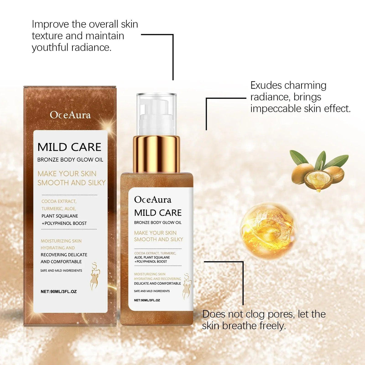 Oceaura Bronze Body Glow Oil – Moisturizing Shimmer Oil - Dazzling Beauty Solution