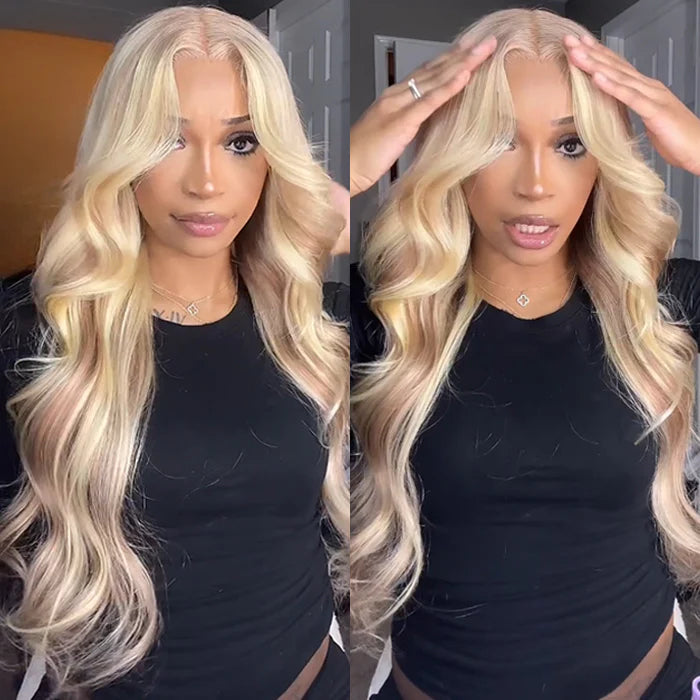 Blonde Highlight Curtain Bangs Body Wave Wigs Lace Frontal Layered Human Hair Wigs