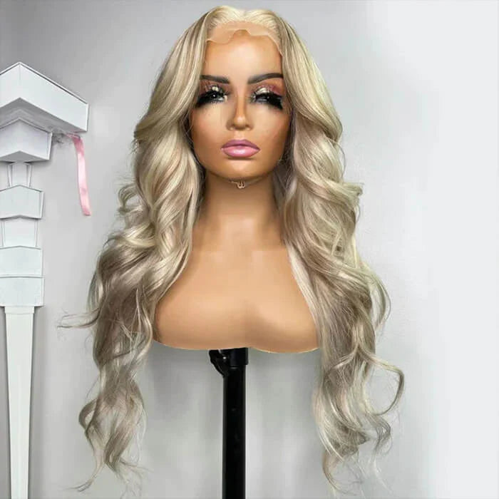 Blonde Highlight Curtain Bangs Body Wave Wigs Lace Frontal Layered Human Hair Wigs