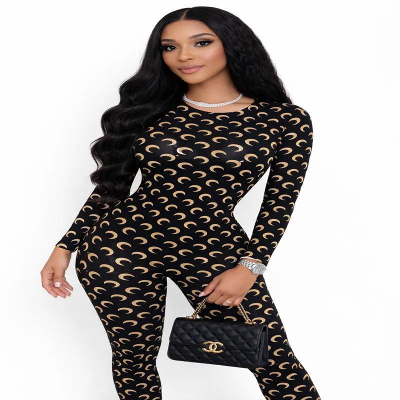 Women's Moon Print Jumpsuit - Sexy Slim Fit Long Sleeve Bodysuit