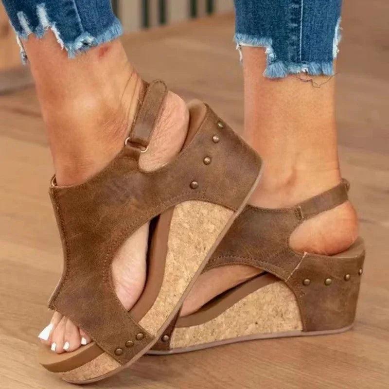 Women's Wedge Peep Toe Platform Rivet Sandals - Dazzling Beauty Solution