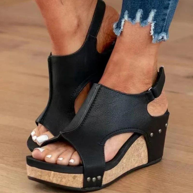 Women's Wedge Peep Toe Platform Rivet Sandals - Dazzling Beauty Solution