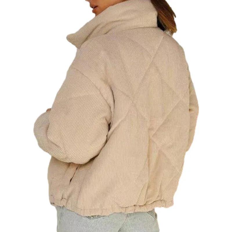 Women's Wadded Stand Collar Long Sleeve Corduroy Zipper Jacket - Dazzling Beauty Solution