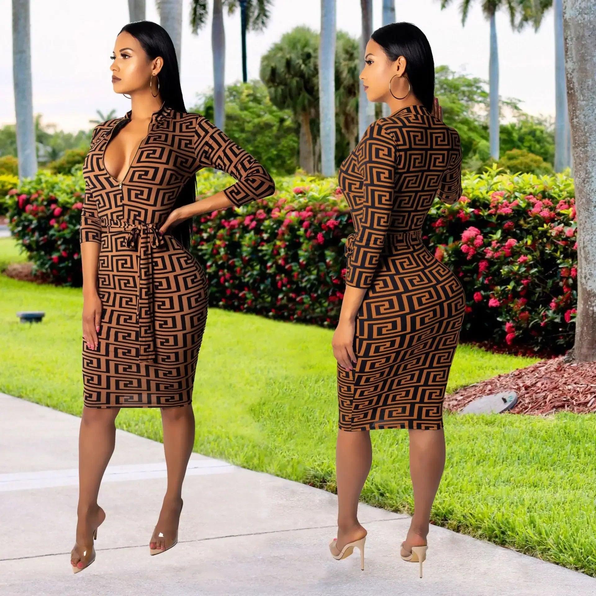 Women's Geometric Forest Print Maxi Dress - Deep V-Neck Vintage Gown
