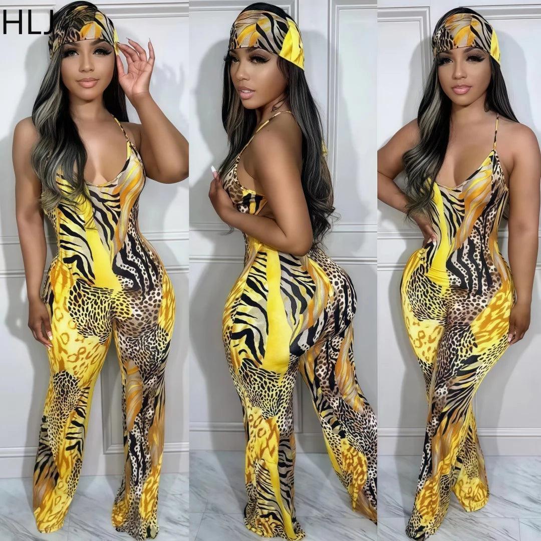 Women's Leopard Print Jumpsuit with Scarf - Wide Leg Bodycon Playsuit