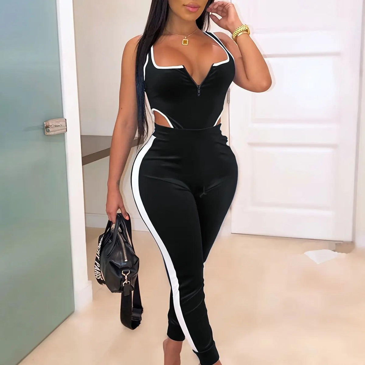 Women's Sexy Cutout Bodysuit & High Waist Pants Set - 2-Piece Festival Outfit