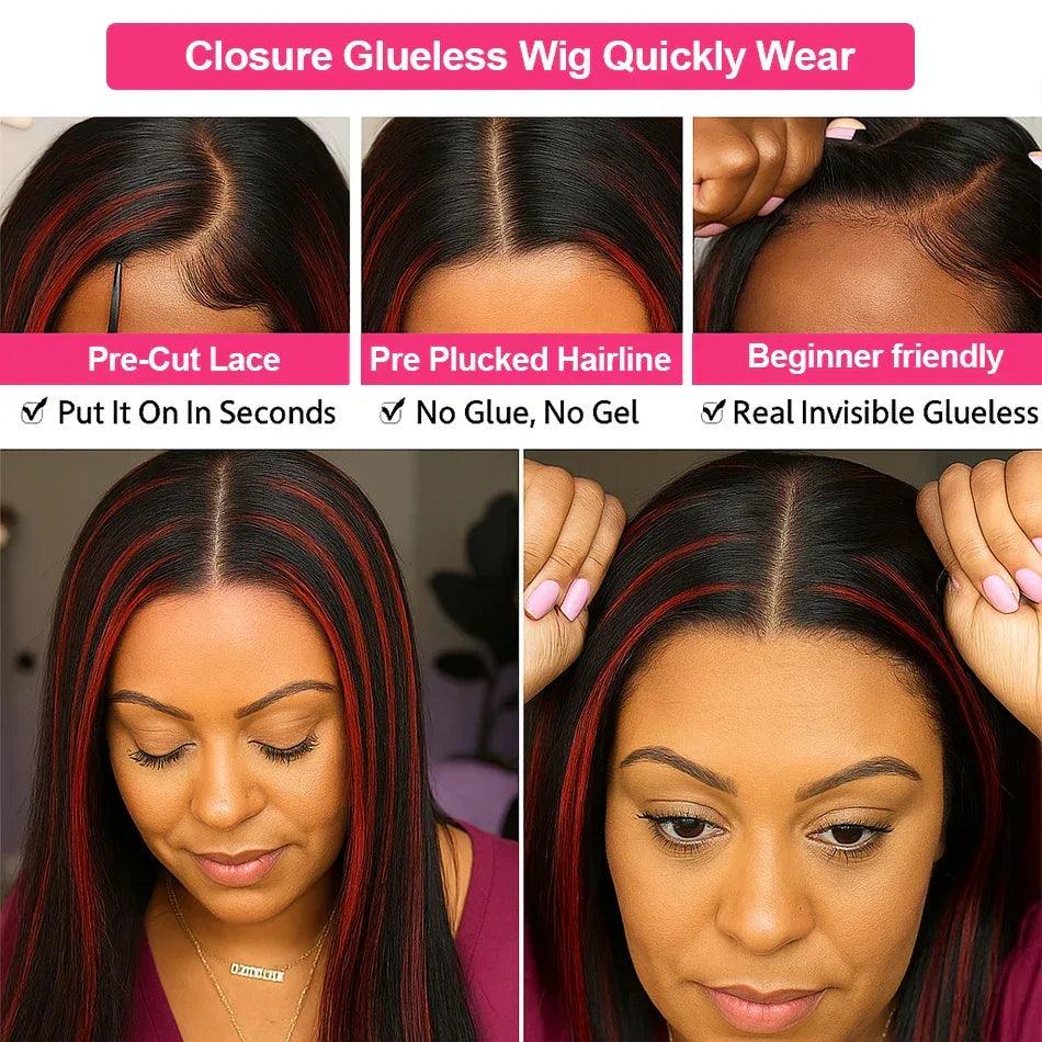 200% Upgraded 1B/99J Black With Red Bone Straight 5x5 Highlight Wig Human Hair Brazilian Burgundy Colored Glueless Wig For Women - Dazzling Beauty Solution