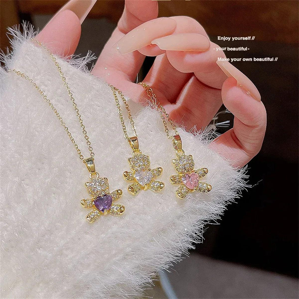 Sparkling Zircon Bear Pendant Necklace – Titanium Steel Lock Bone Chain for Women - Dazzling Beauty Solution