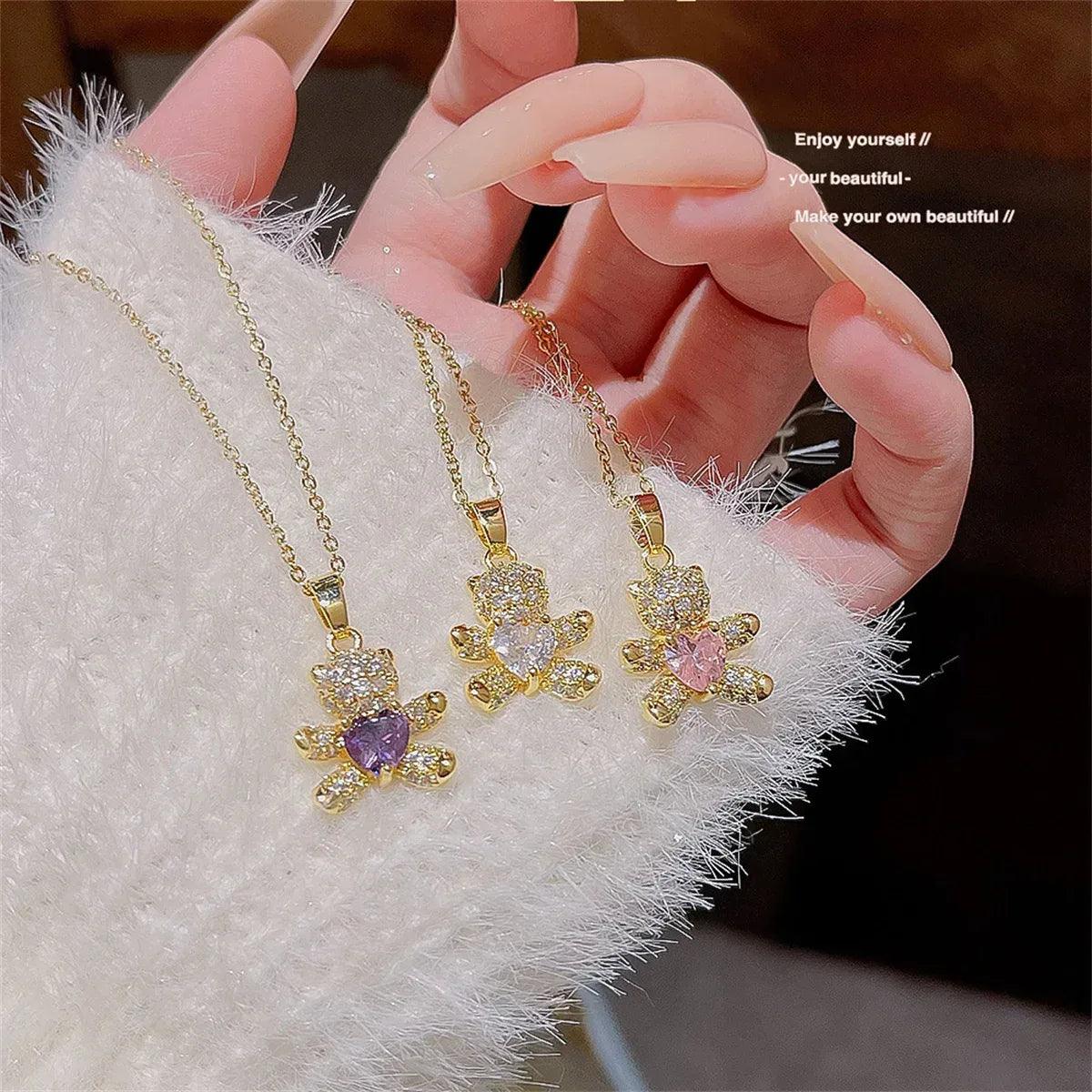 Sparkling Zircon Bear Pendant Necklace – Titanium Steel Lock Bone Chain for Women - Dazzling Beauty Solution
