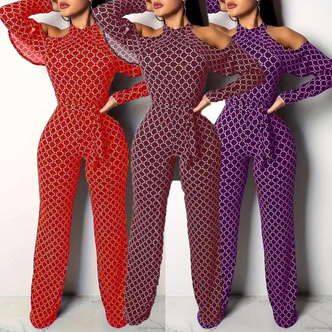 Women's Plaid Off-Shoulder Jumpsuit - Belted Wide Leg Romper