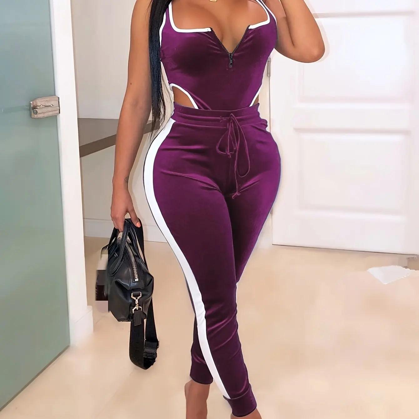 Women's Sexy Cutout Bodysuit & High Waist Pants Set - 2-Piece Festival Outfit