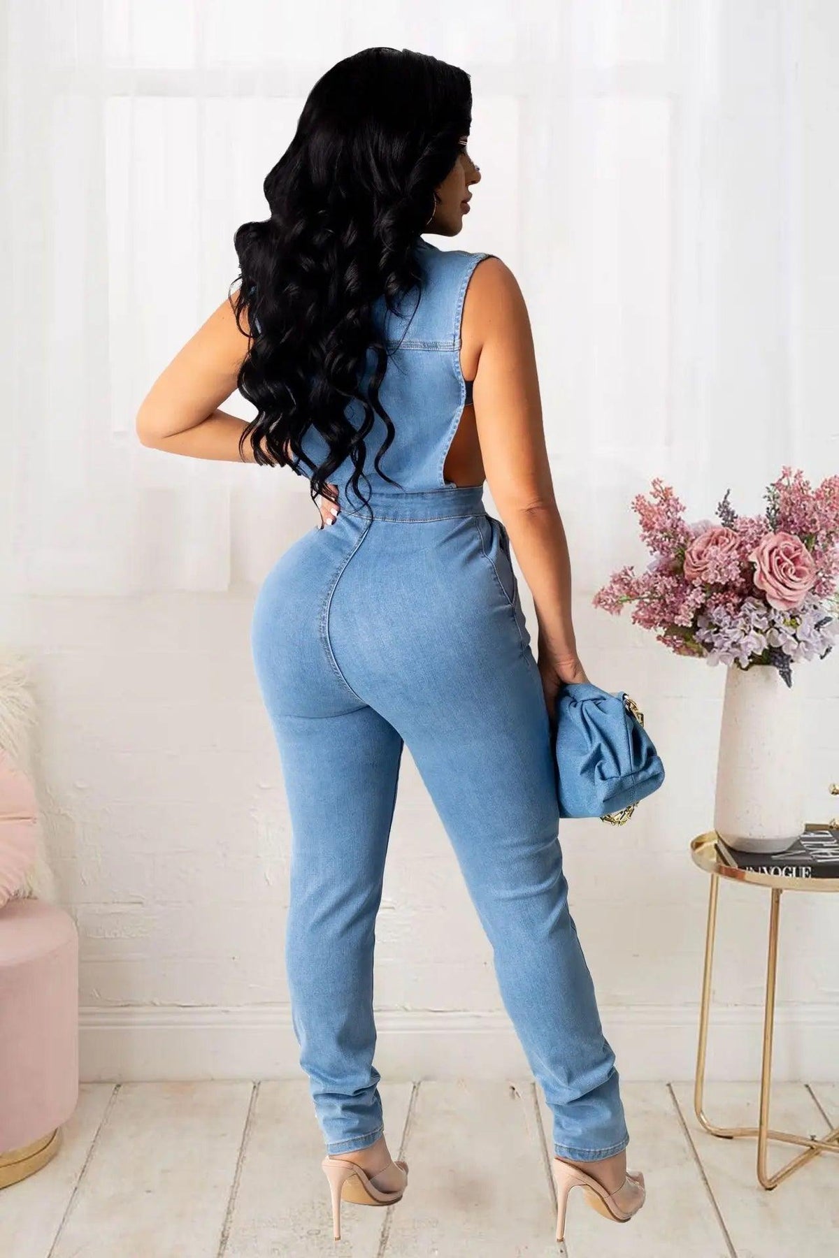 Women's Hollow Denim Jumpsuit - Sexy Skinny Jean Overalls