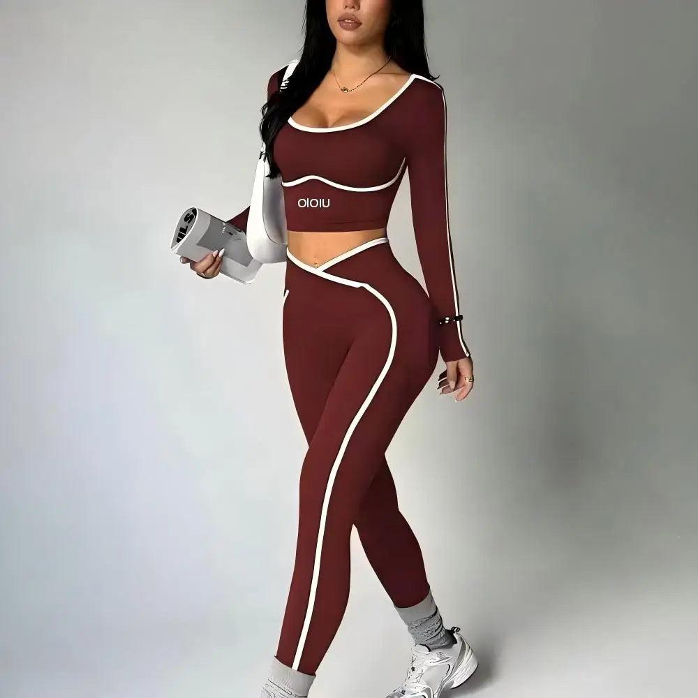 Color-Contrasting Yoga Set – Long Sleeve V-Waist Hip-Slimming Pants