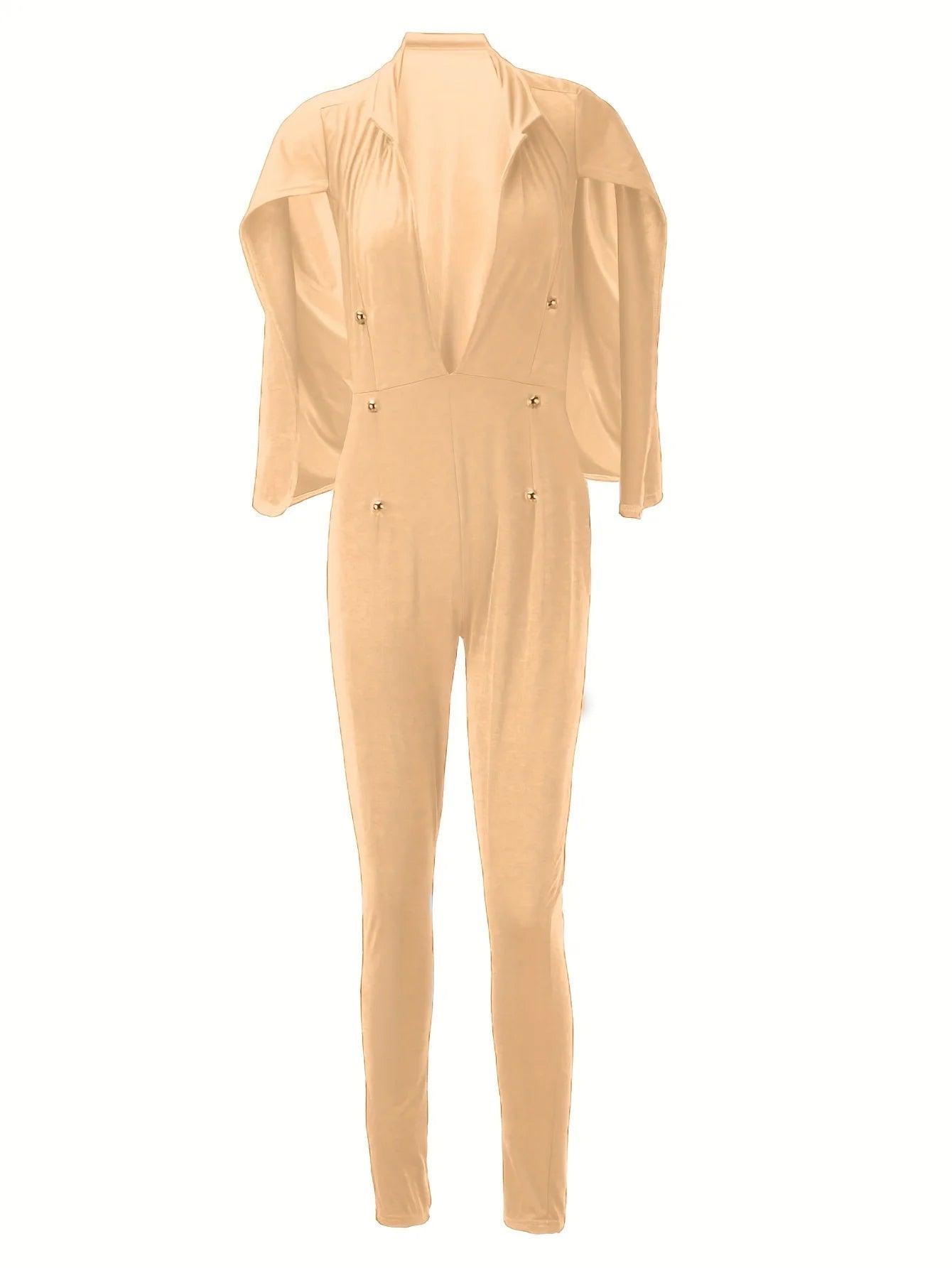Women's Jumpsuit with Cape - Deep V-Neck Trouser Suit