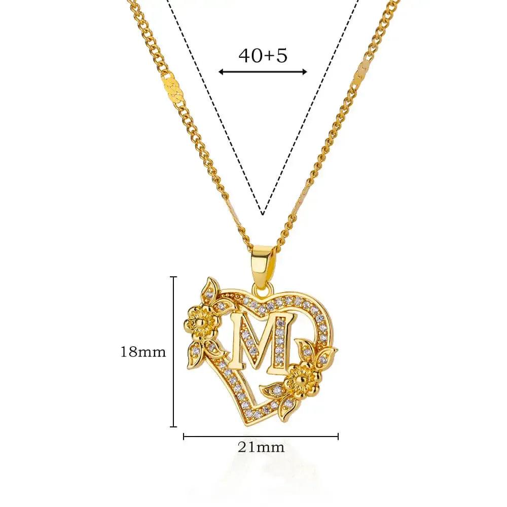 Personalized Gold Initials Heart Necklace – Stainless Steel with Zircon Flower Charm - Dazzling Beauty Solution