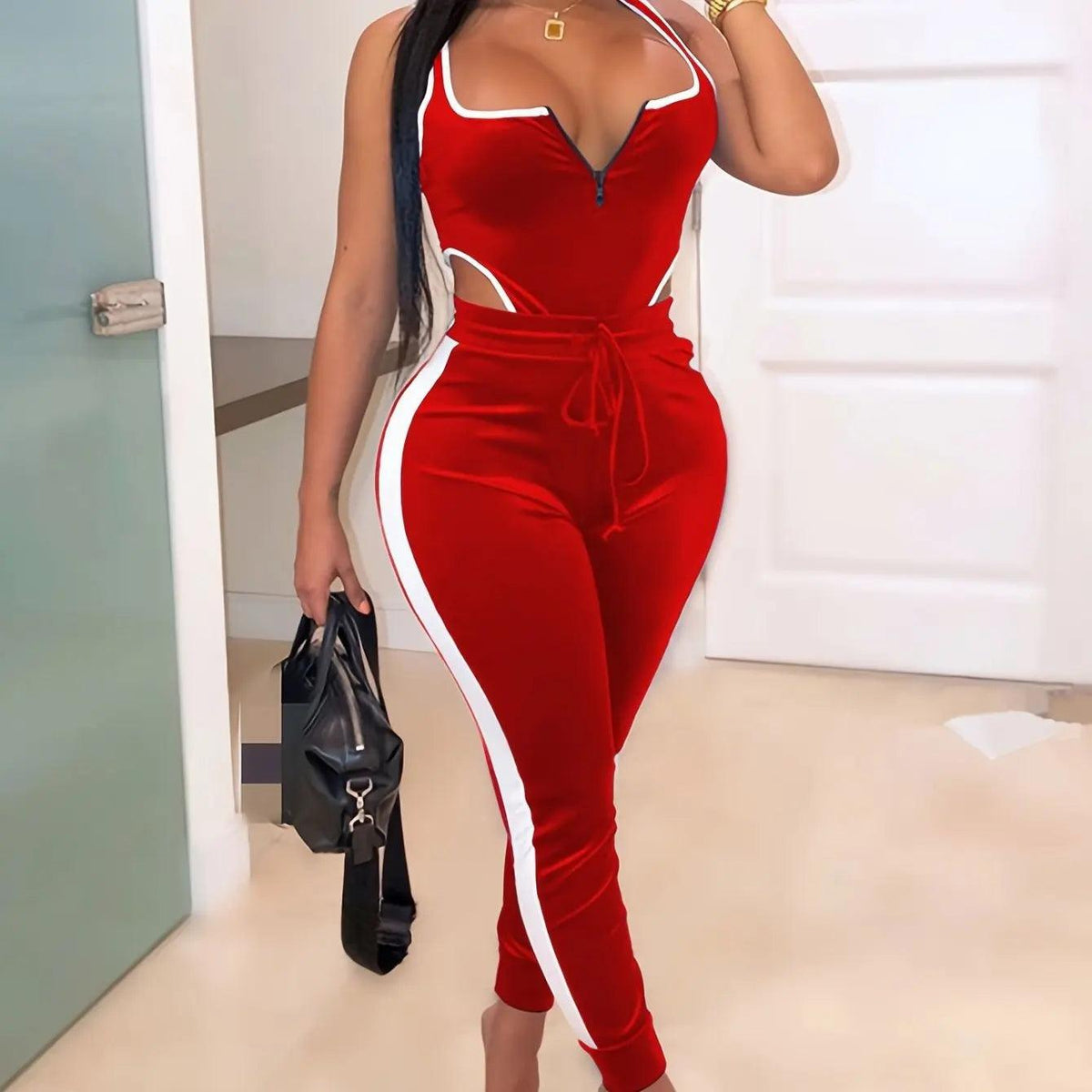 Women's Sexy Cutout Bodysuit & High Waist Pants Set - 2-Piece Festival Outfit