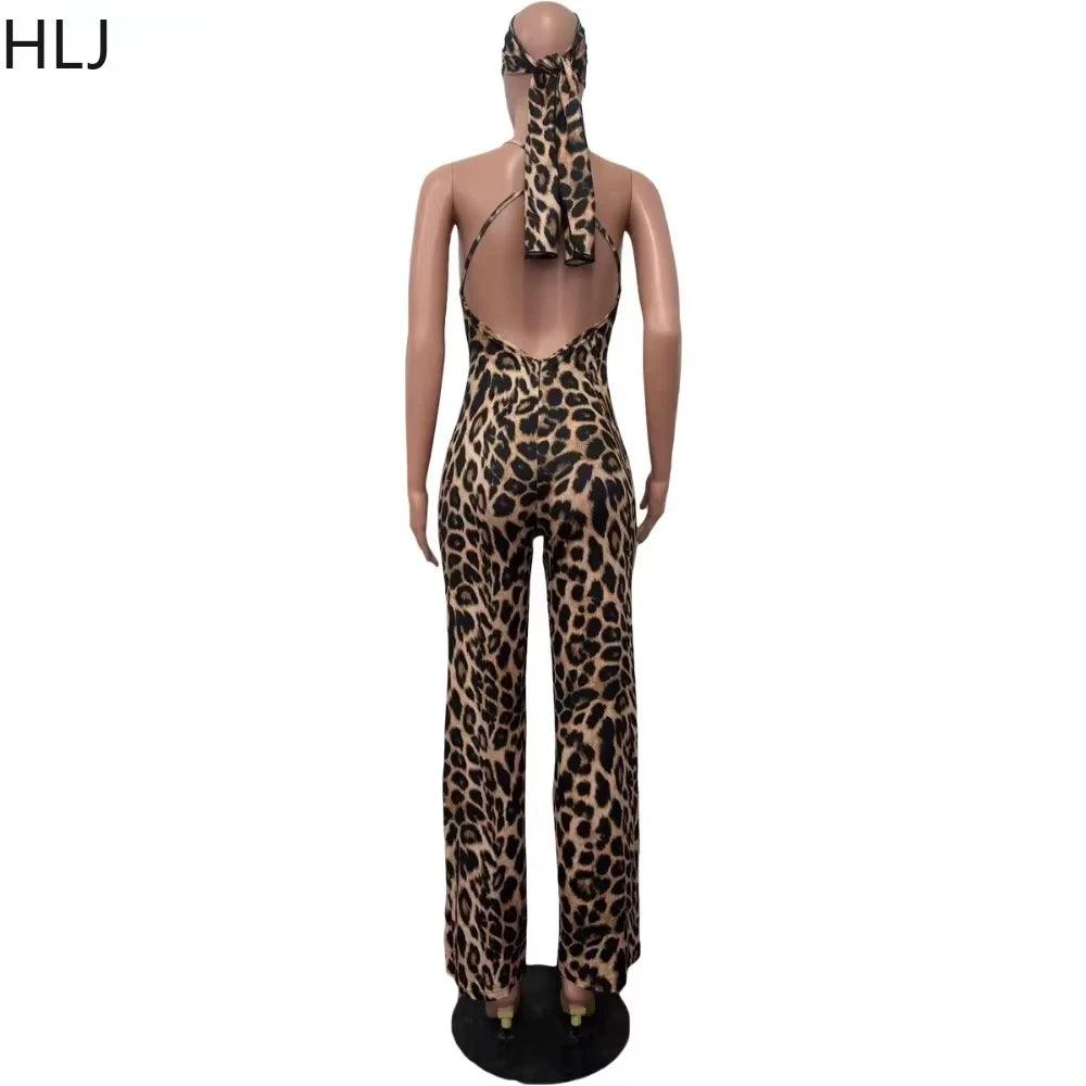 Women's Leopard Print Jumpsuit with Scarf - Wide Leg Bodycon Playsuit
