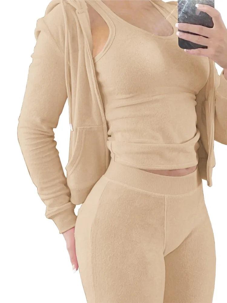 Women's Luxe Velvet 3-Piece Set - Hooded Sweatshirt, Vest & Pants
