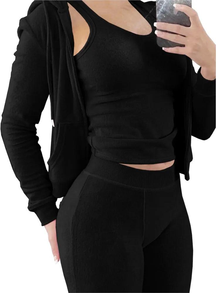 Women's Luxe Velvet 3-Piece Set - Hooded Sweatshirt, Vest & Pants