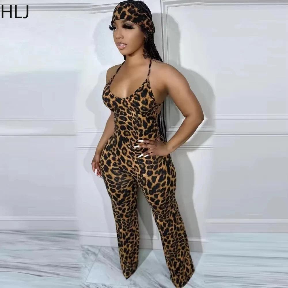 Women's Leopard Print Jumpsuit with Scarf - Wide Leg Bodycon Playsuit