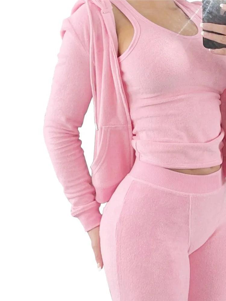 Women's Luxe Velvet 3-Piece Set - Hooded Sweatshirt, Vest & Pants