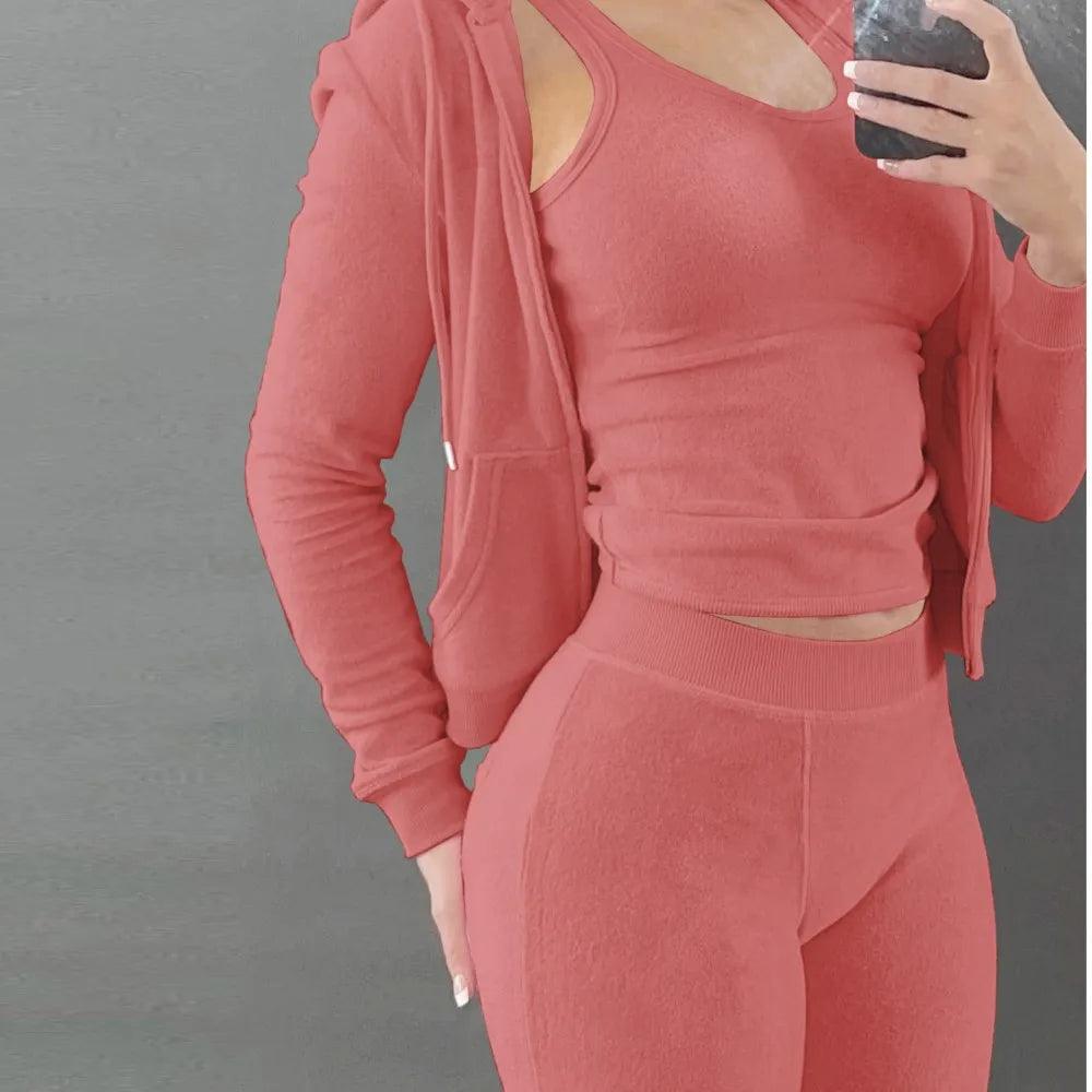 Women's Luxe Velvet 3-Piece Set - Hooded Sweatshirt, Vest & Pants