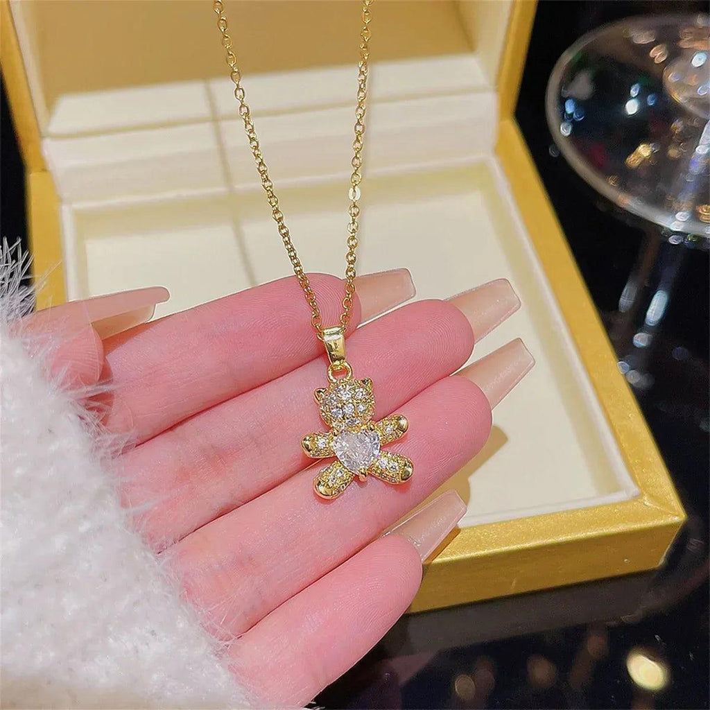 Sparkling Zircon Bear Pendant Necklace – Titanium Steel Lock Bone Chain for Women - Dazzling Beauty Solution