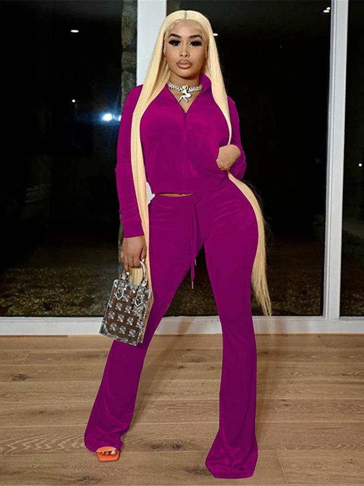 Kliou Velour Two-Piece Set | Zip Turtleneck Top & Wide Leg Pants | 5 Colors | S-L