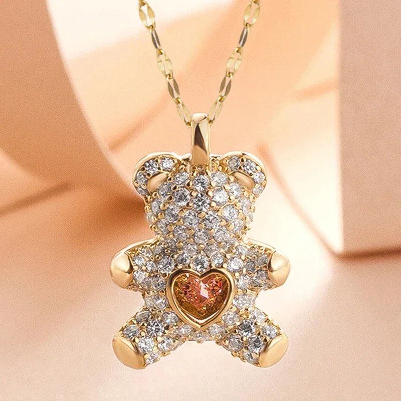 Lovely Bear Pendant Necklace – Golden Titanium Stainless Steel Jewelry for Women - Dazzling Beauty Solution
