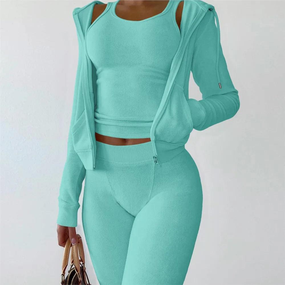 Women's Luxe Velvet 3-Piece Set - Hooded Sweatshirt, Vest & Pants
