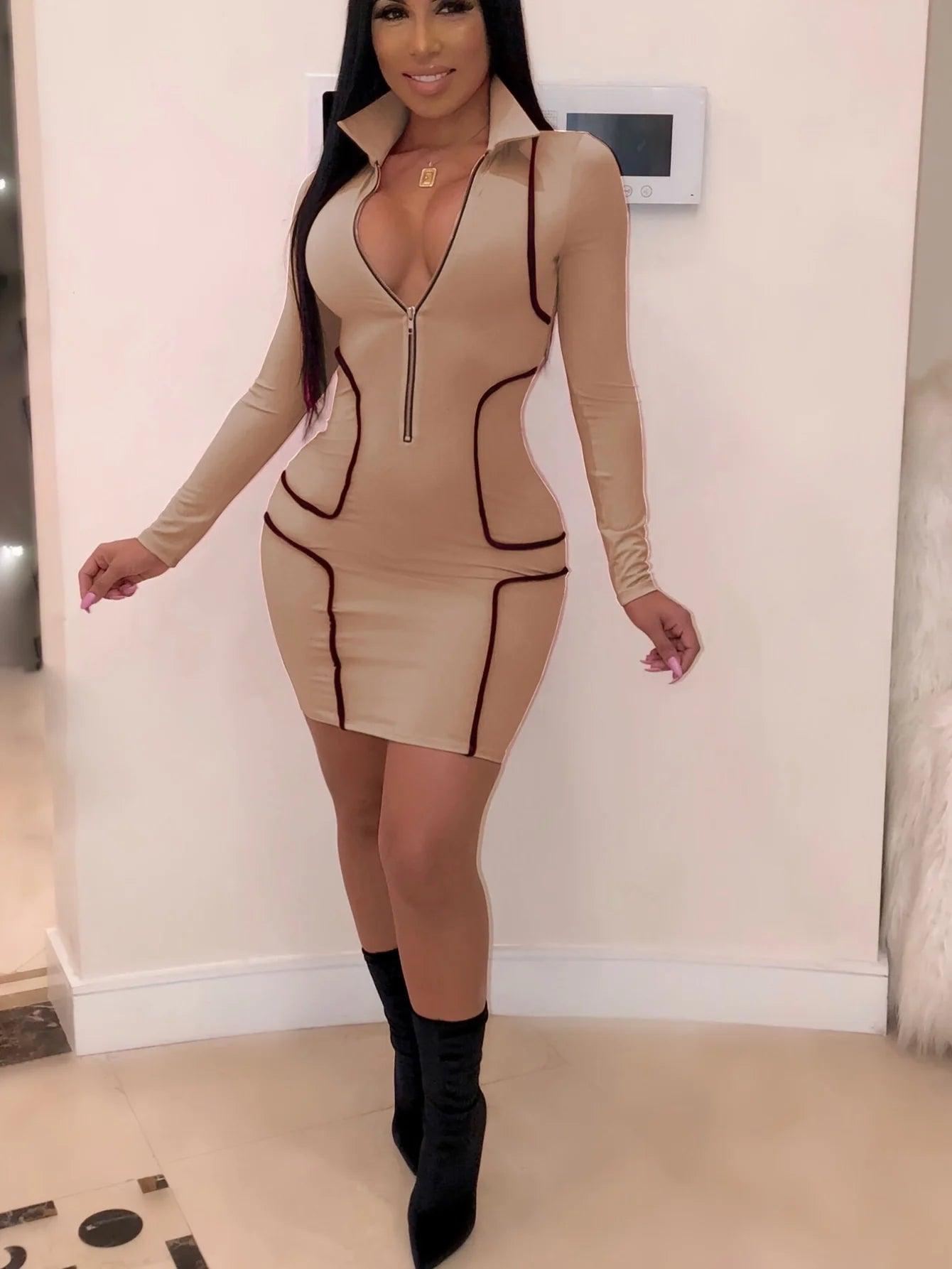 Women's Zipper Bodycon Mini Dress - Stand Collar Party Dress
