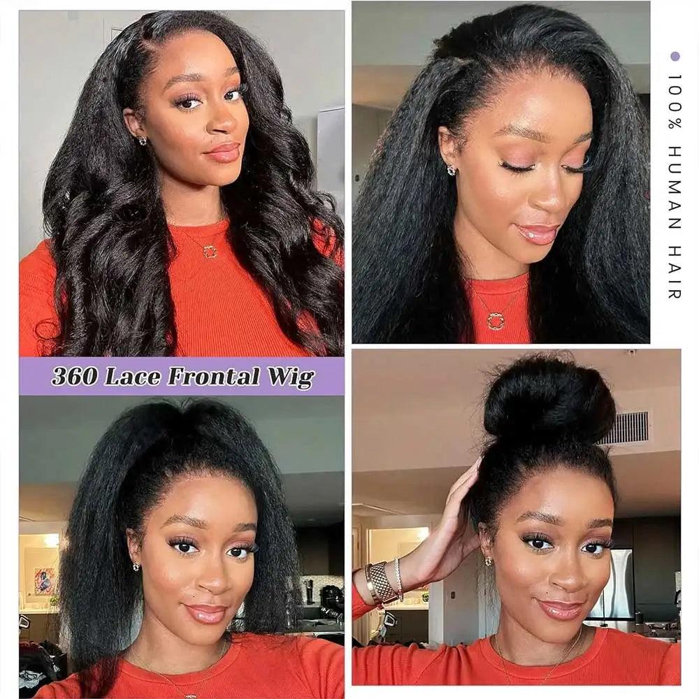 360 Lace Glueless Wig - Kinky Straight Human Hair with Invisible Strap