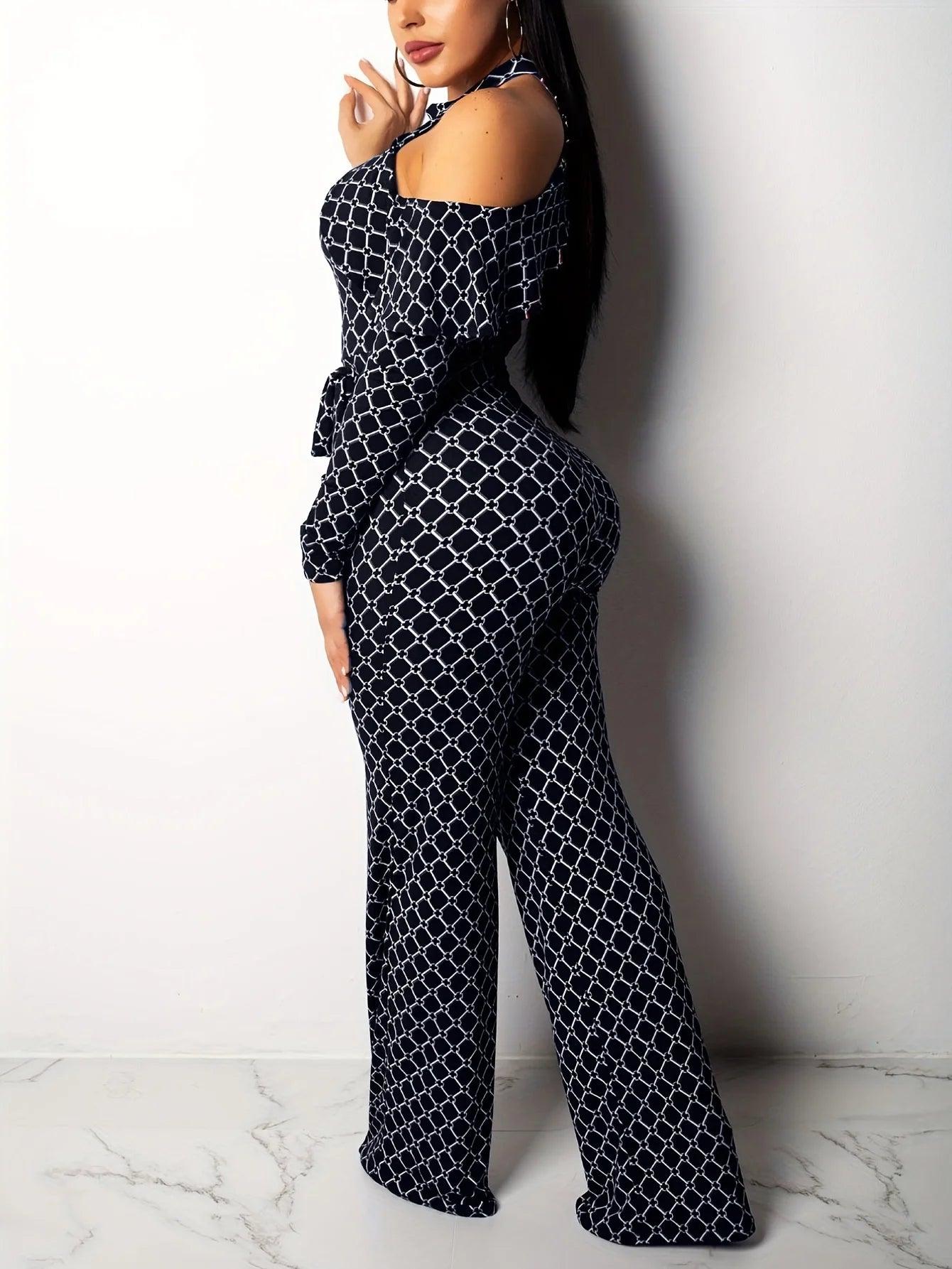 Women's Plaid Off-Shoulder Jumpsuit - Belted Wide Leg Romper