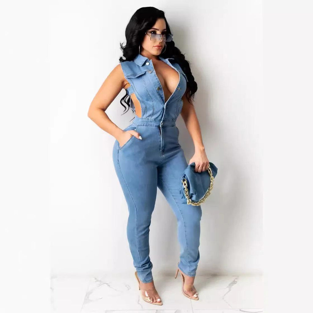 Women's Hollow Denim Jumpsuit - Sexy Skinny Jean Overalls