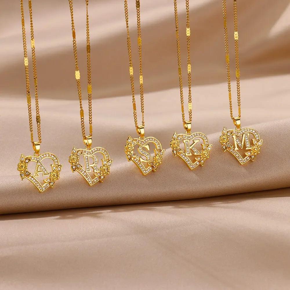 Personalized Gold Initials Heart Necklace – Stainless Steel with Zircon Flower Charm - Dazzling Beauty Solution