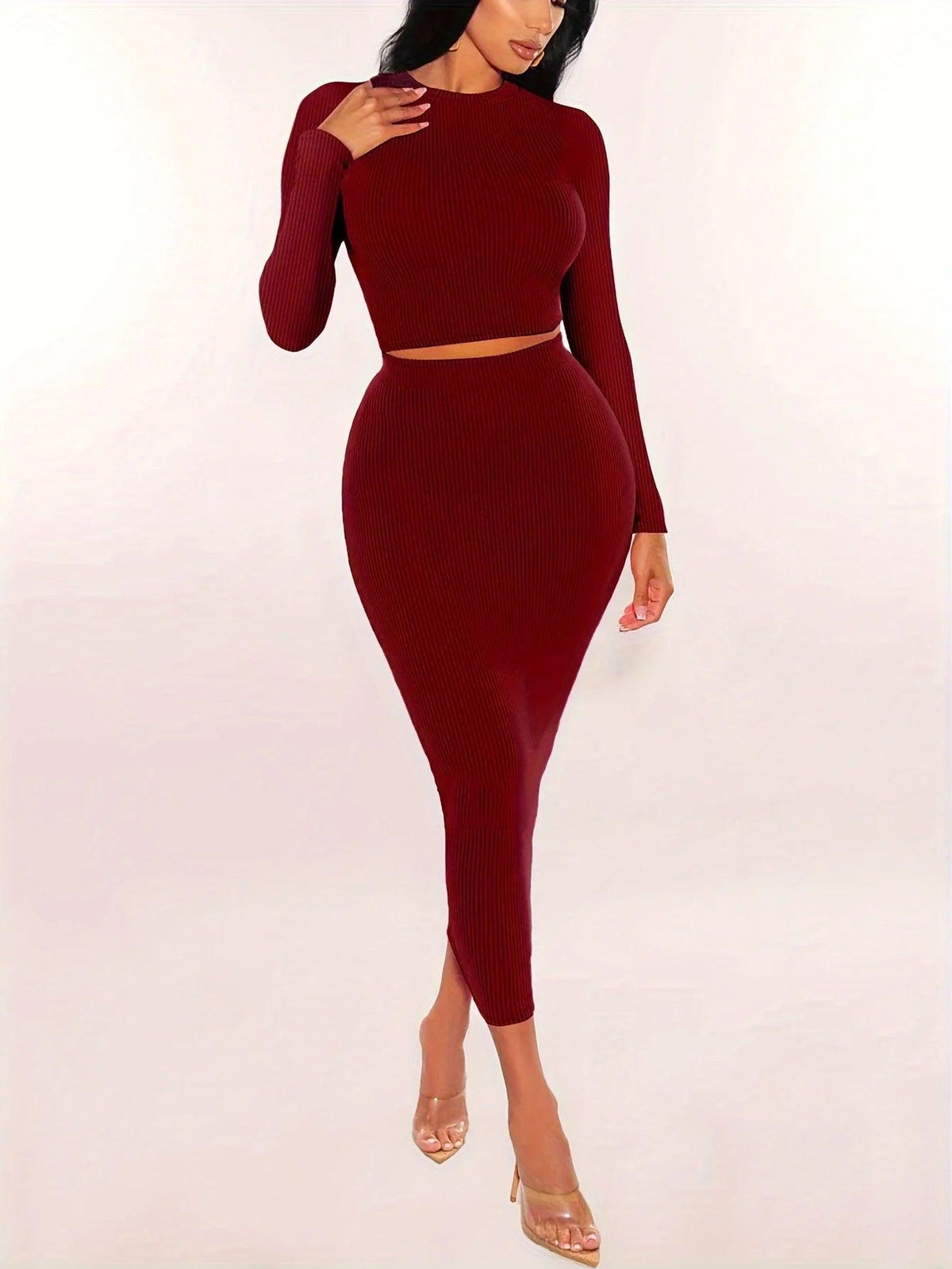 Women's Knit Two-Piece Set | Long Sleeve Crop Top & Bodycon Skirt | S–XXL